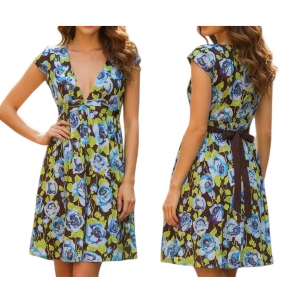Free People Silk Floral Dress Women's Sz 6 Blue Green Fit Flare Babydoll‎ Fairy